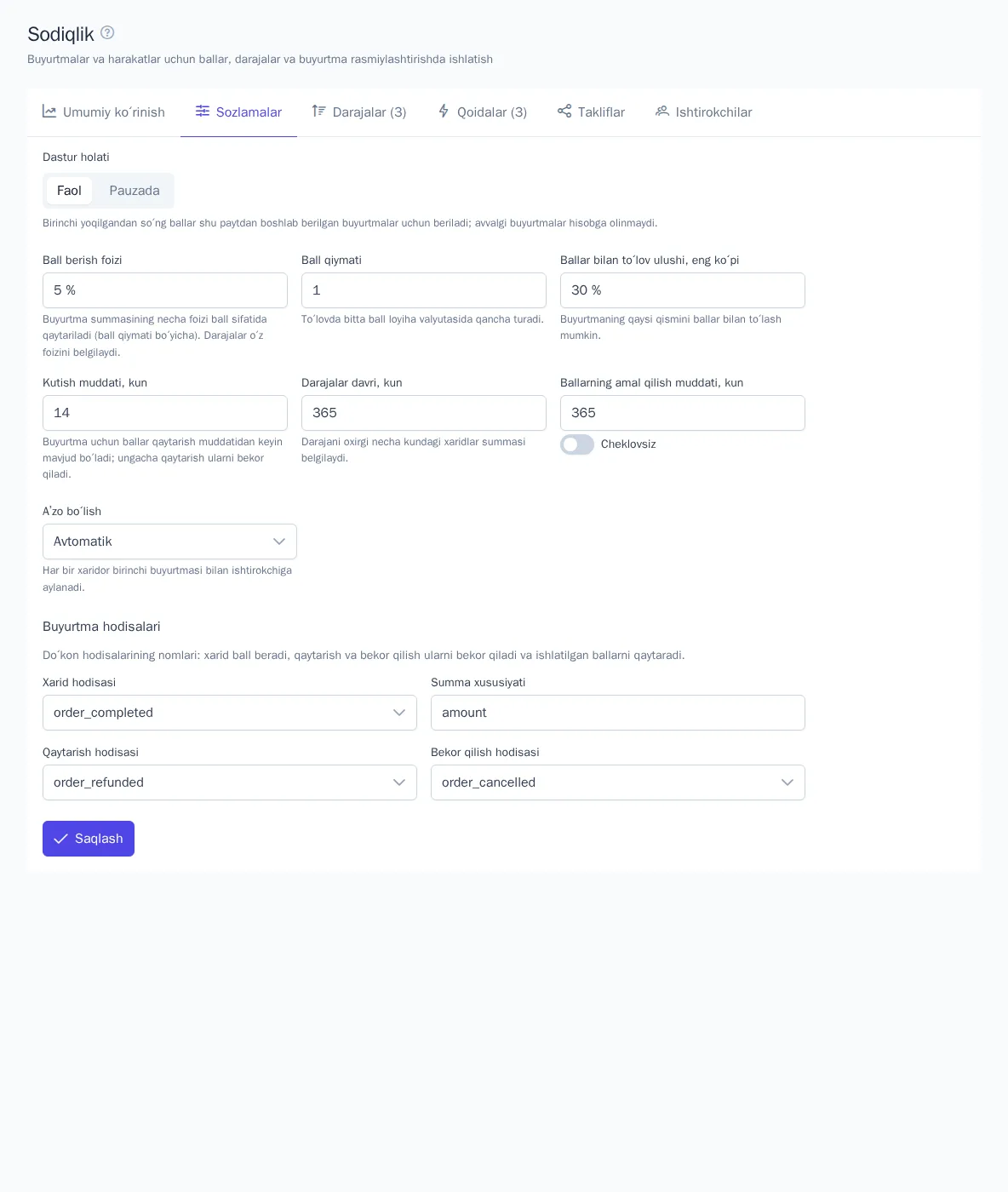 Sodiqlik dasturi sozlamalari