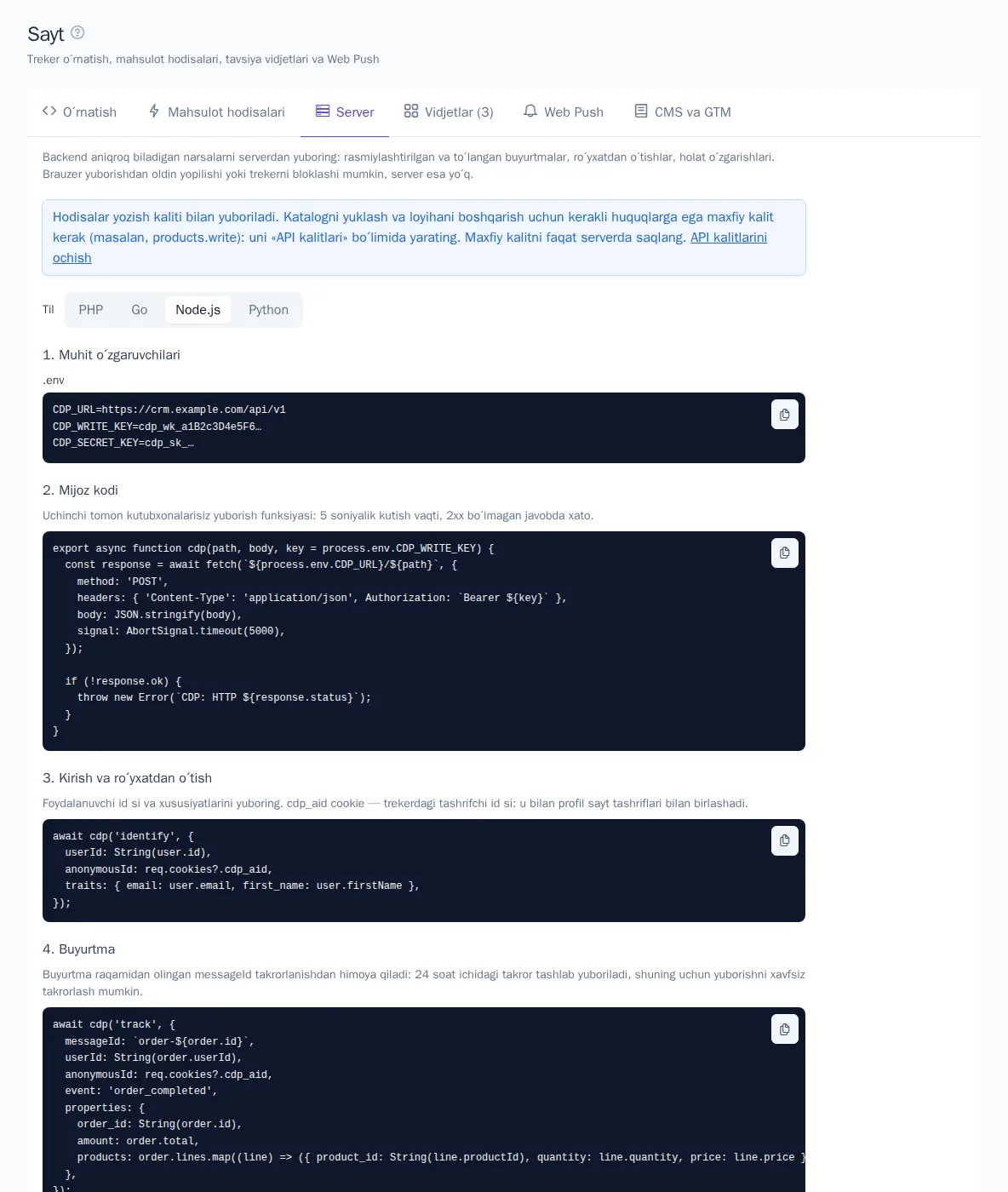 Node.js misollari bilan «Server» yorligʻi